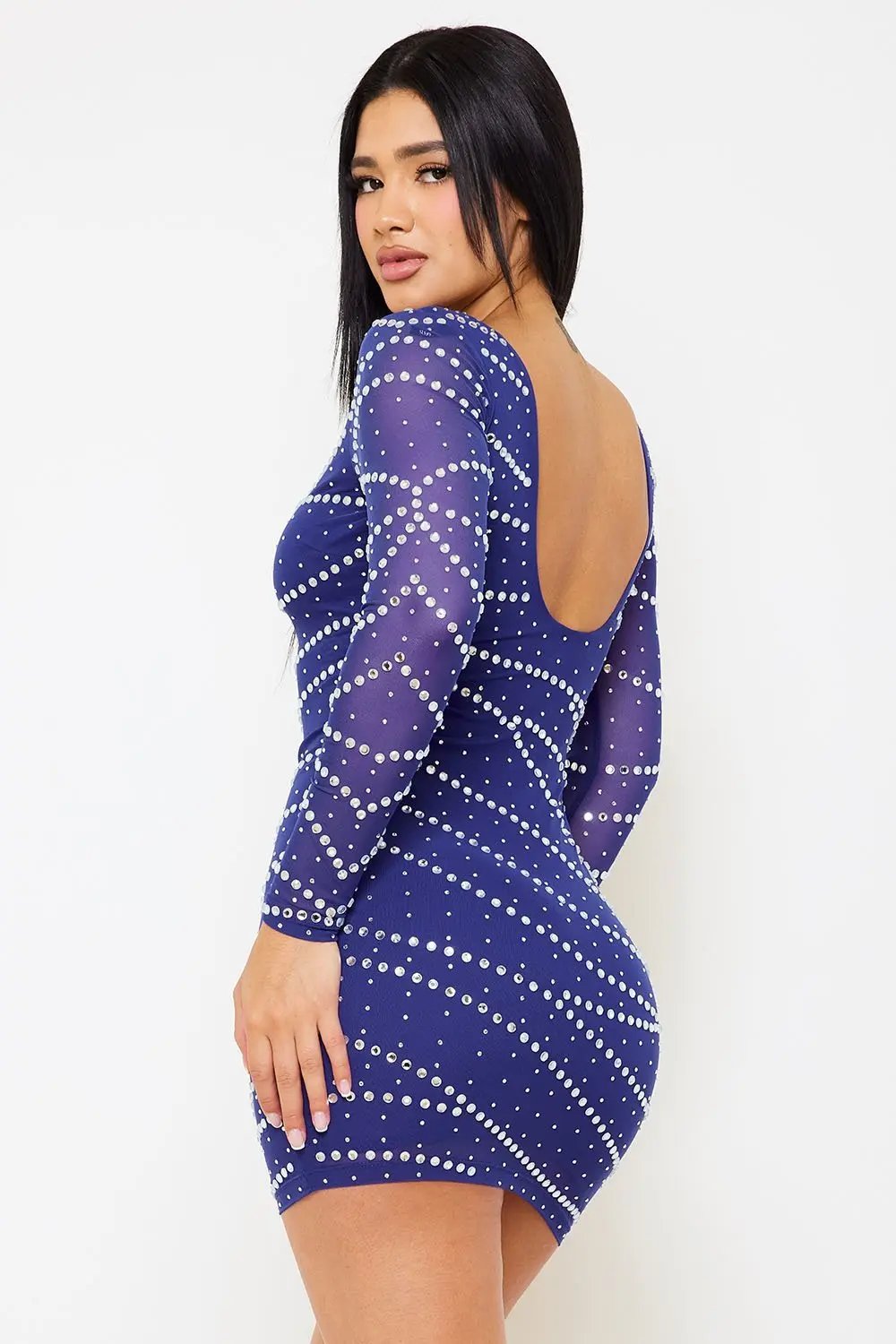 Rhinestone Mesh Mini Dress – Long Sleeve Slip-On Party Dress BOUTINIE