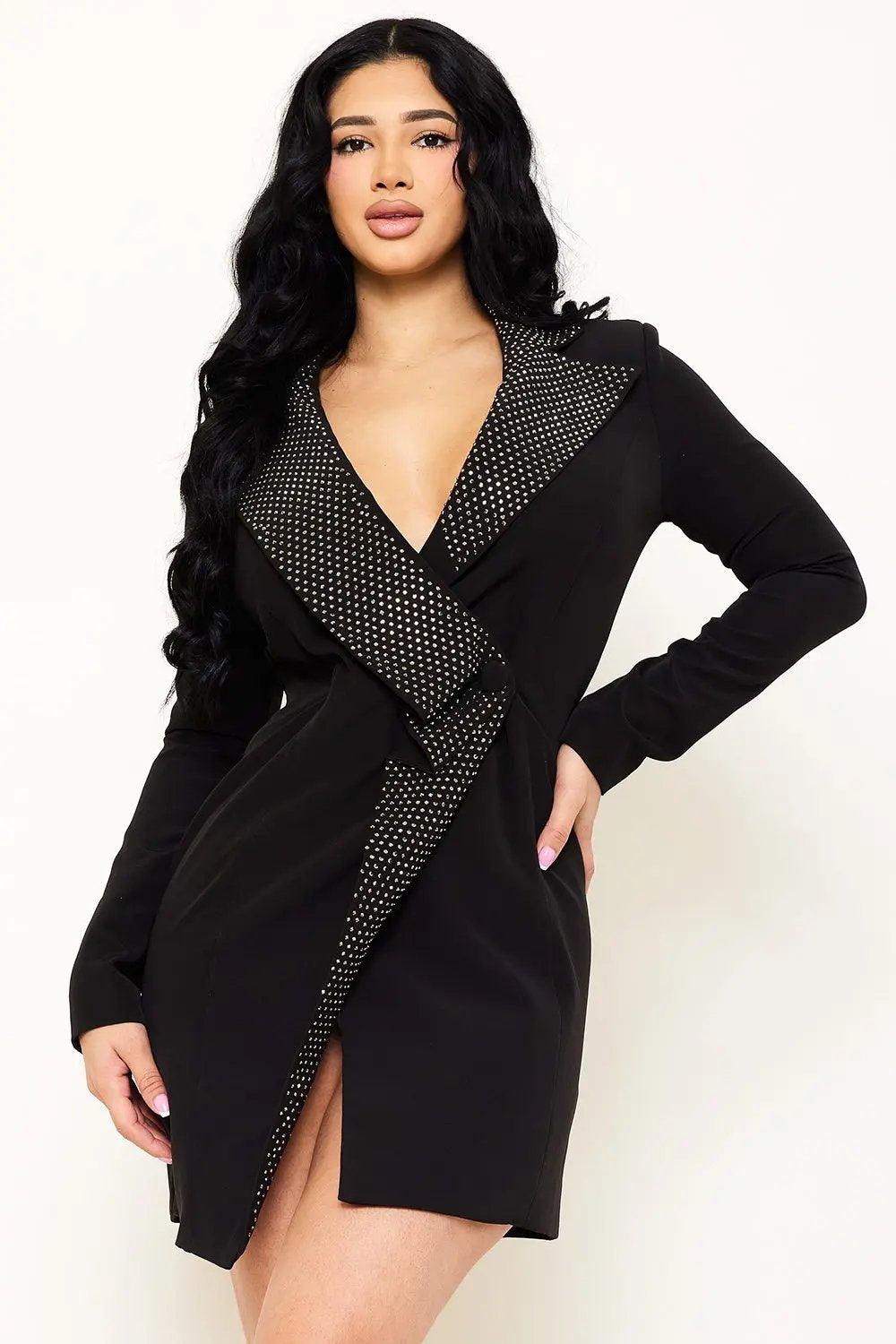 Rhinestone Collar Mini Dress - Open Back Jacket Style, Long Sleeve BOUTINIE