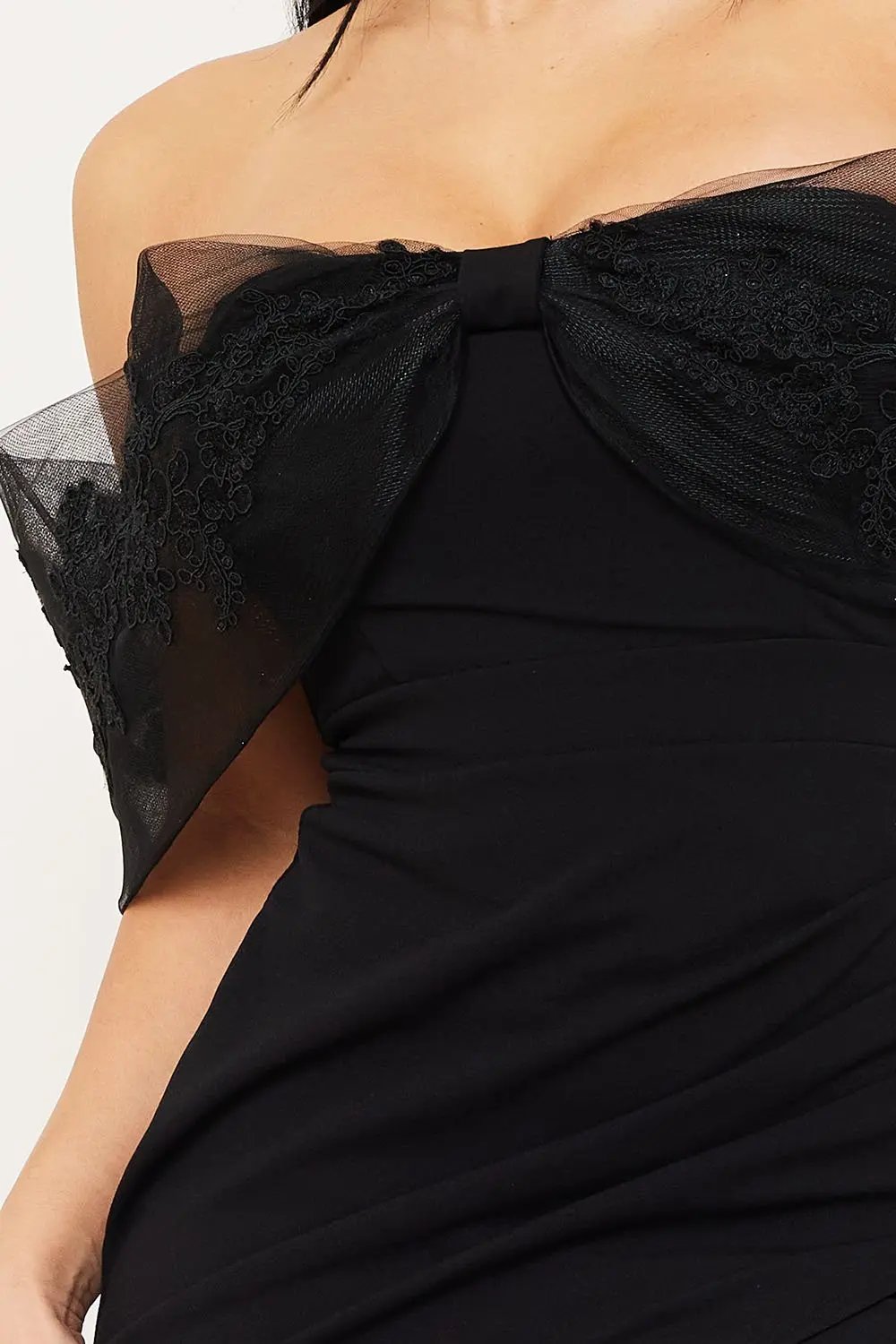 Embroidered Lace Midi Dress - Flower Mesh, Pleated Tulip Hem BOUTINIE