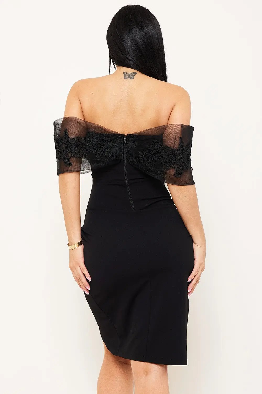 Embroidered Lace Midi Dress - Flower Mesh, Pleated Tulip Hem BOUTINIE