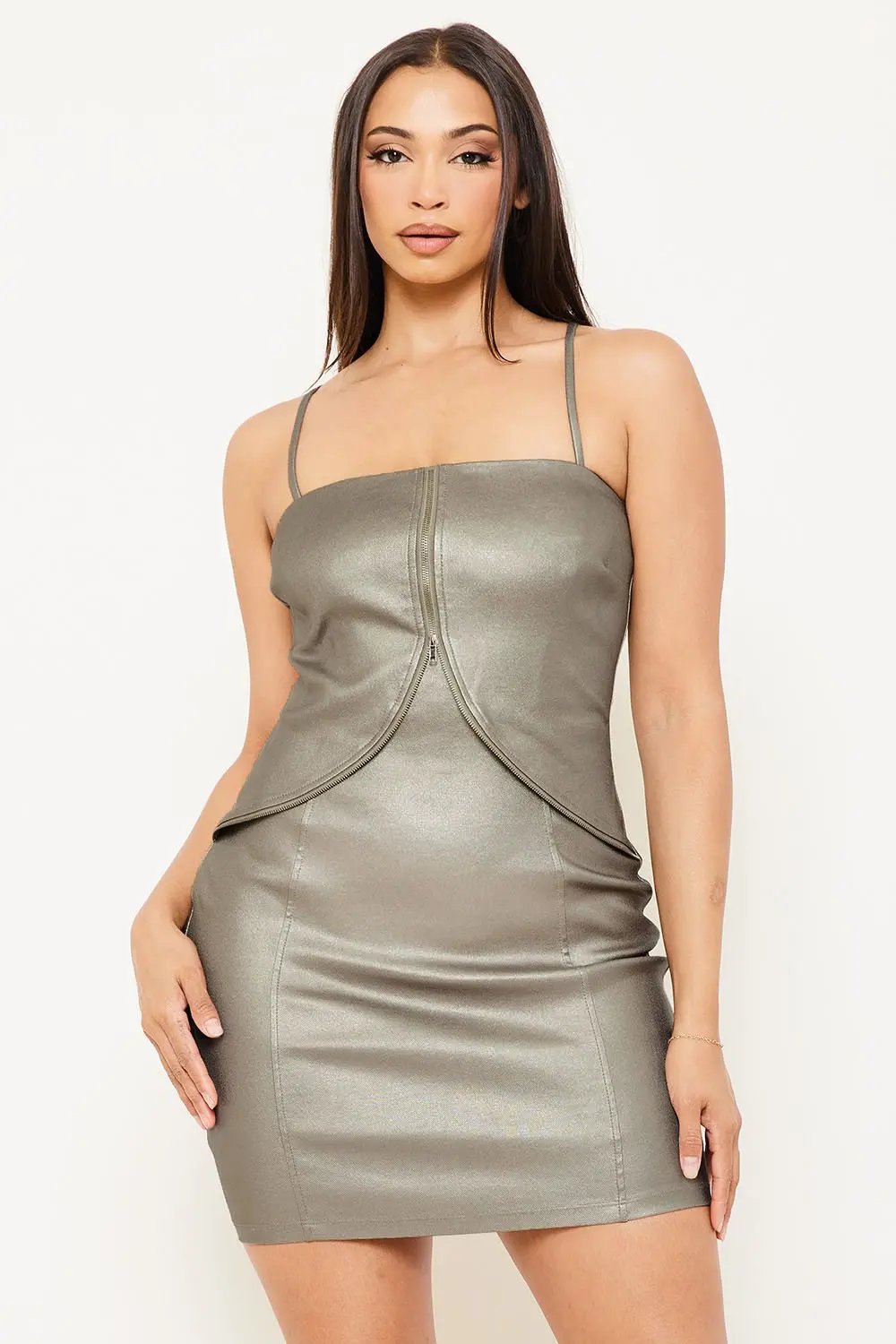 Faux Leather Mini Dress - Adjustable Strap & Zipper Detail Bodycon Fit BOUTINIE