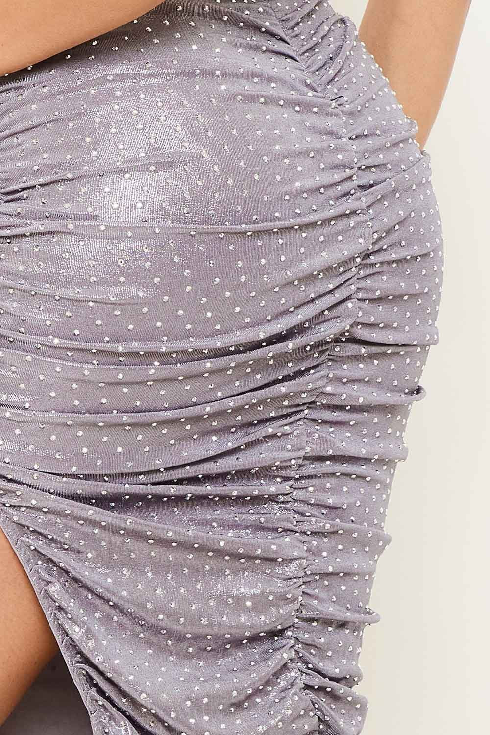 Rhinestone Midi Dress With Foil, Shirring & Zipper Back BOUTINIE