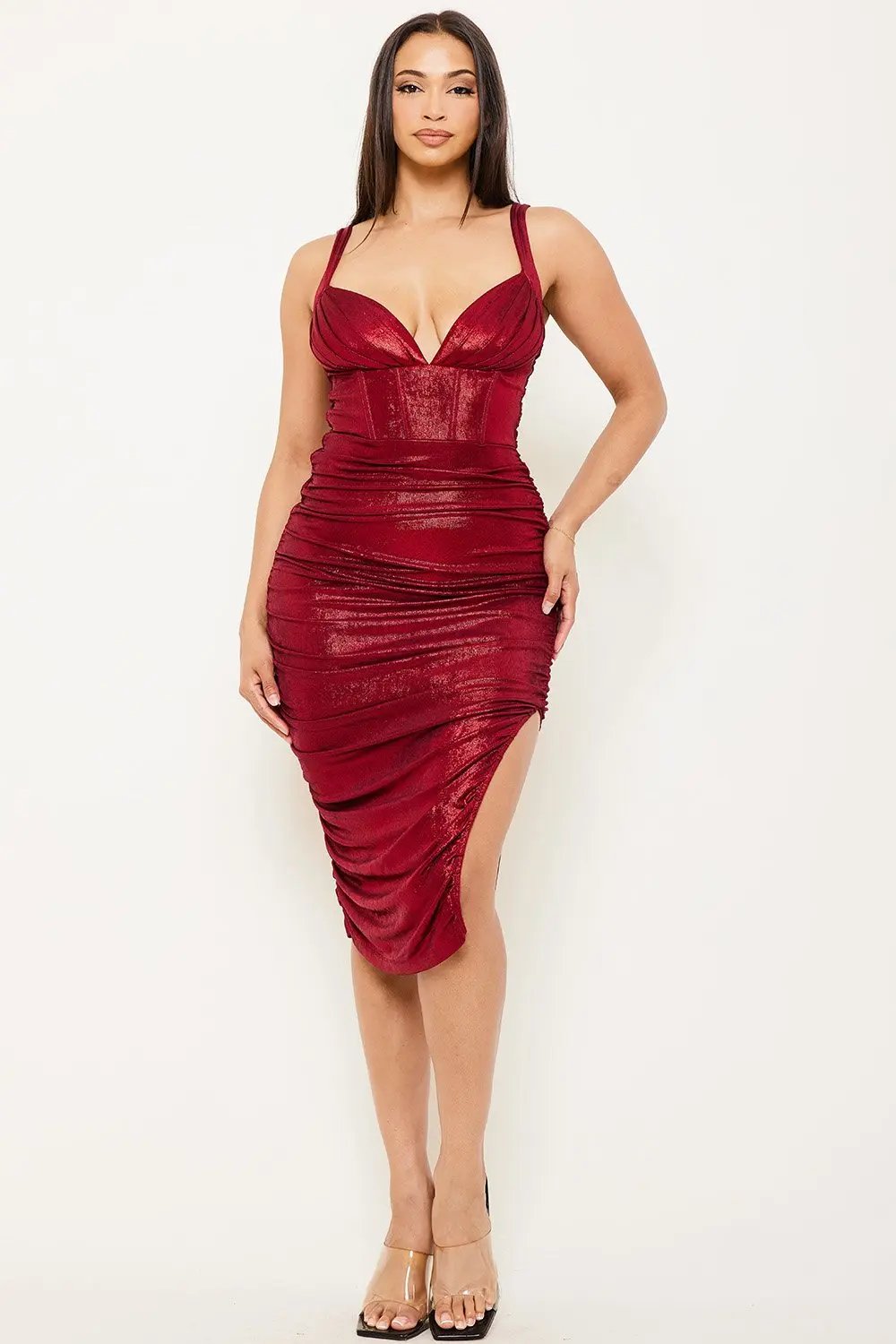 Metallic Corset Midi Dress - Pleated Side Detail & Zipper Back BOUTINIE