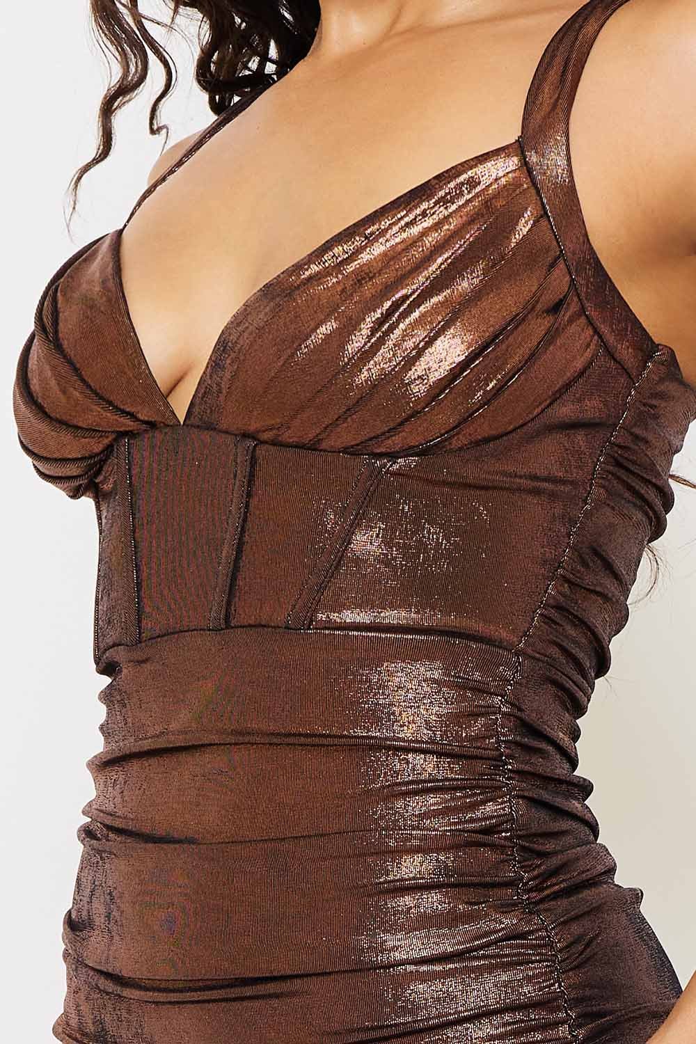 Metallic Corset Midi Dress - Pleated Side Detail & Zipper Back BOUTINIE