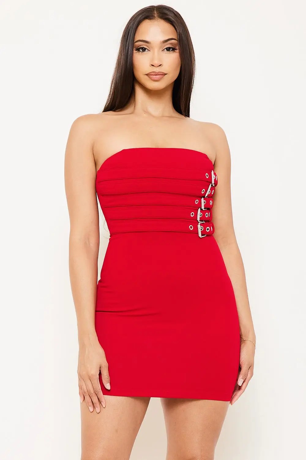 Tube Top Mini Dress With Belt Buckle & Zipper Back Party Wear BOUTINIE