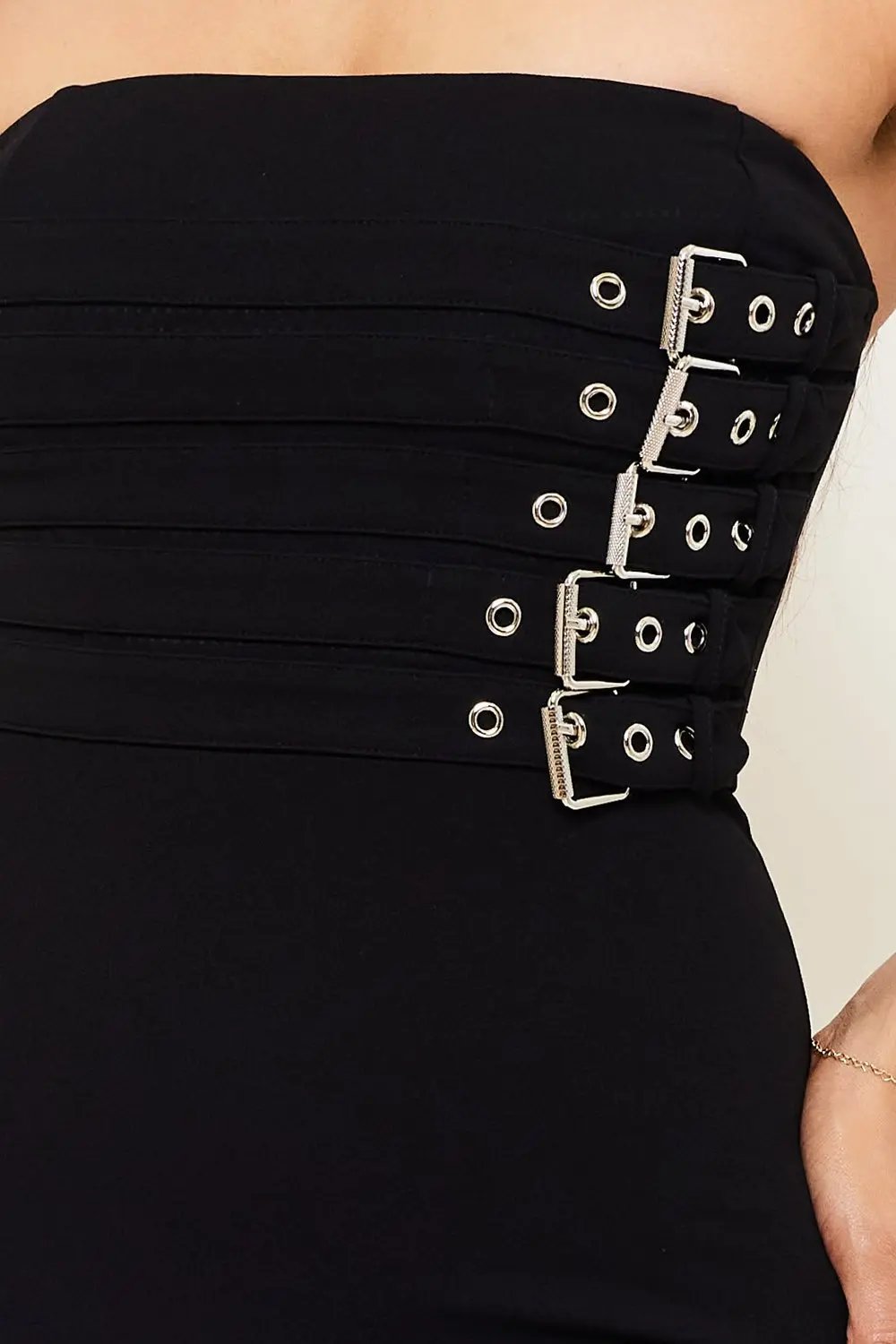 Tube Top Mini Dress With Belt Buckle & Zipper Back Party Wear BOUTINIE