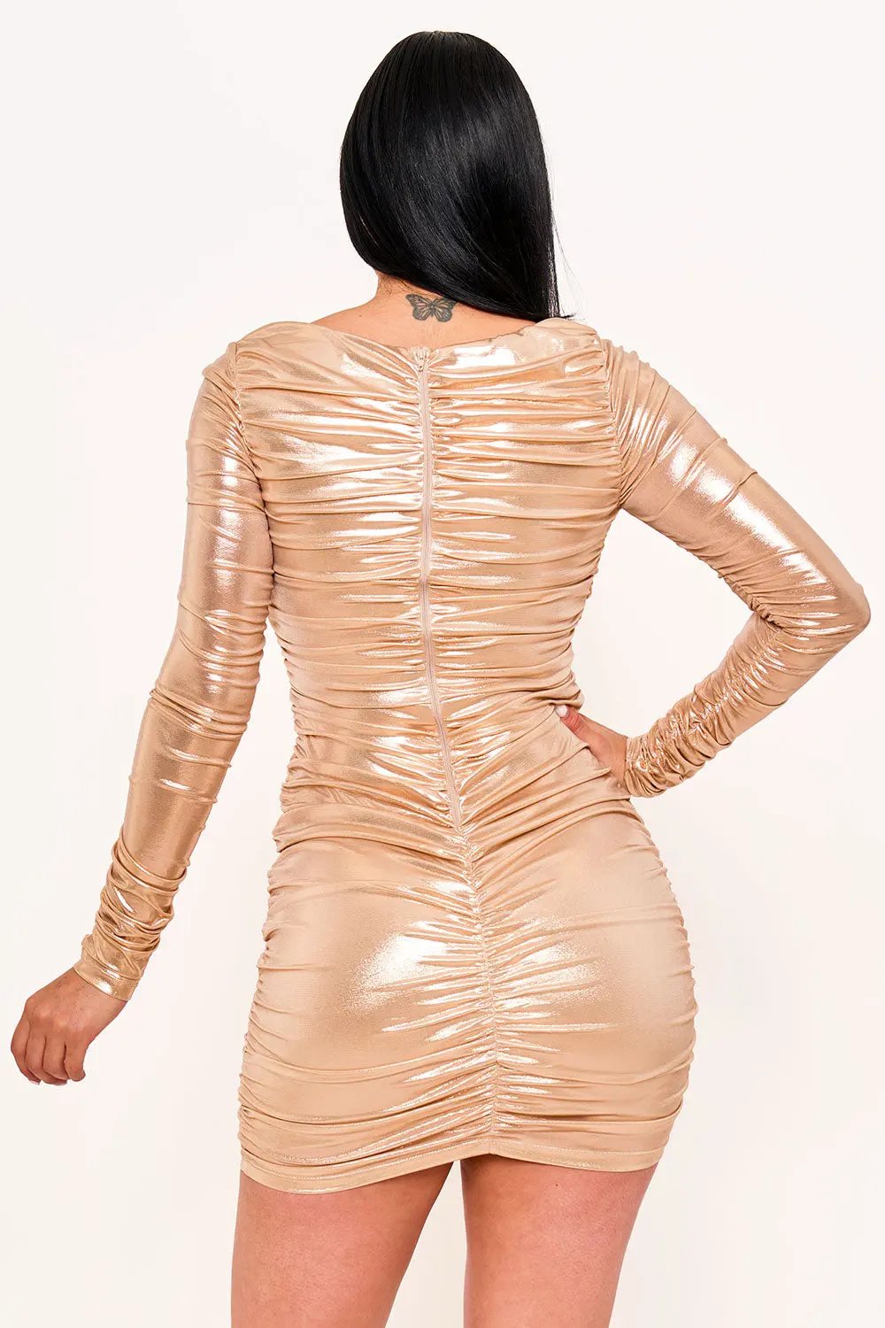 Metallic Foil Mini Dress - Ruched Long Sleeve Zipper Back BOUTINIE