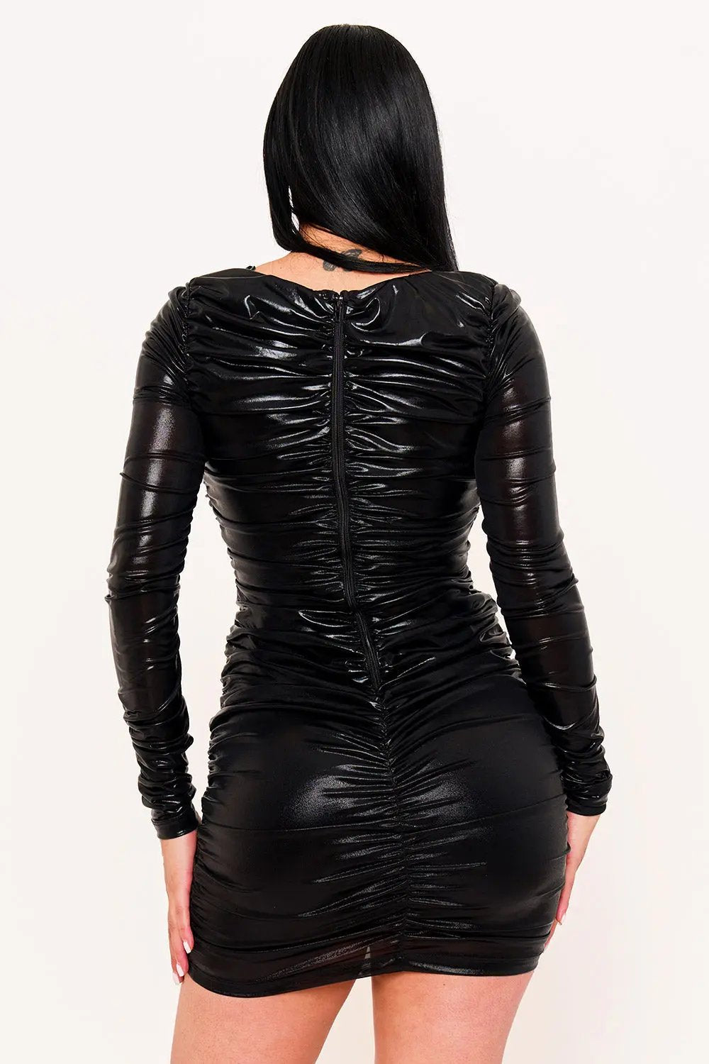 Metallic Foil Mini Dress - Ruched Long Sleeve Zipper Back BOUTINIE