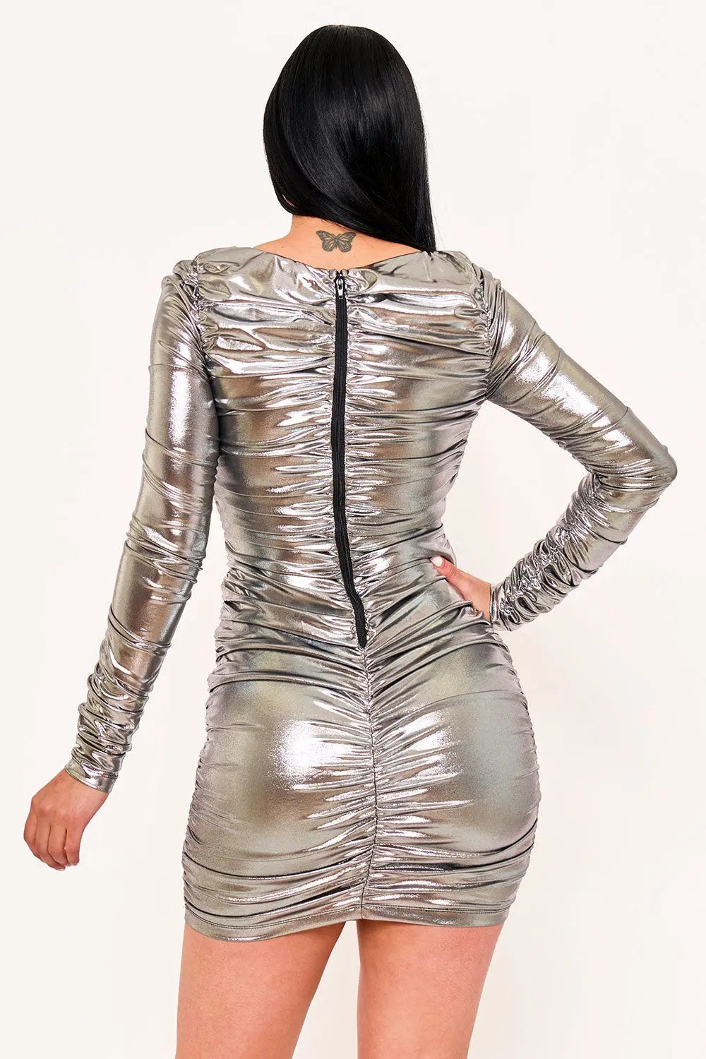 Metallic Foil Mini Dress - Ruched Long Sleeve Zipper Back BOUTINIE