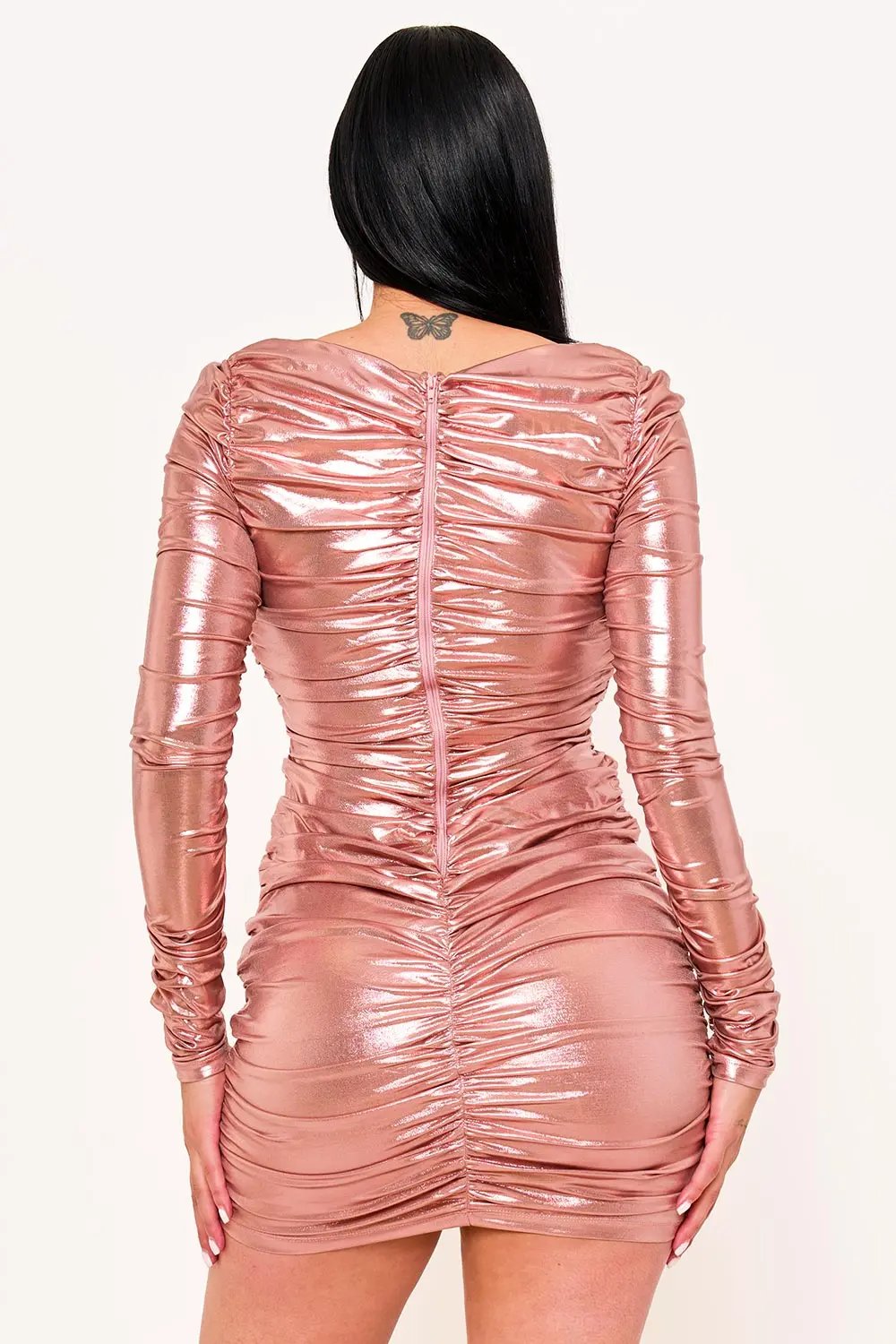 Metallic Foil Mini Dress - Ruched Long Sleeve Zipper Back BOUTINIE