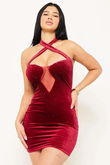 Velvet Halter Neck Dress With Rhinestone Criss Cross Detail BOUTINIE