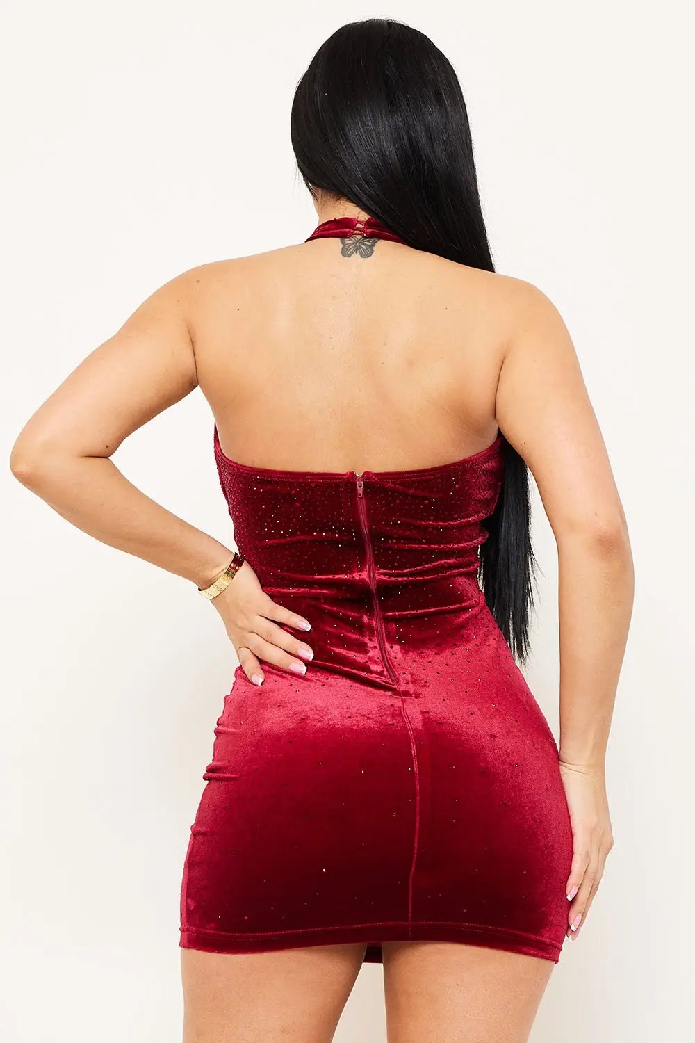 Velvet Halter Neck Dress With Rhinestone Criss Cross Detail BOUTINIE
