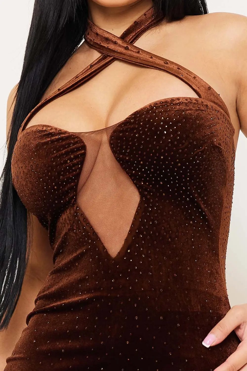Velvet Halter Neck Dress With Rhinestone Criss Cross Detail BOUTINIE