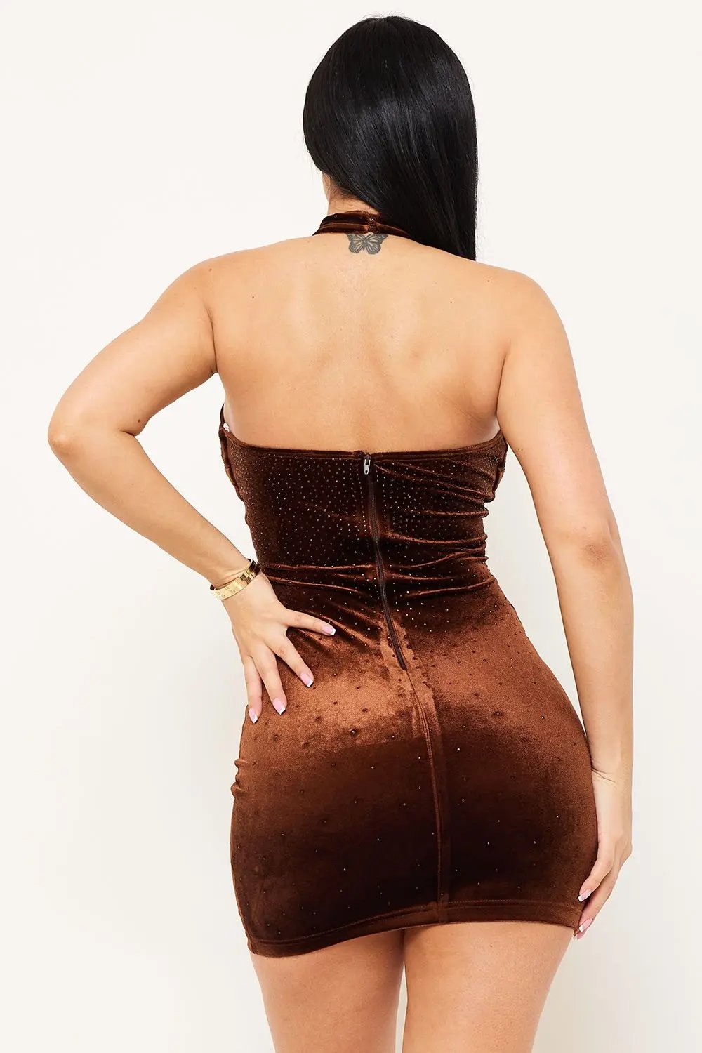 Velvet Halter Neck Dress With Rhinestone Criss Cross Detail BOUTINIE