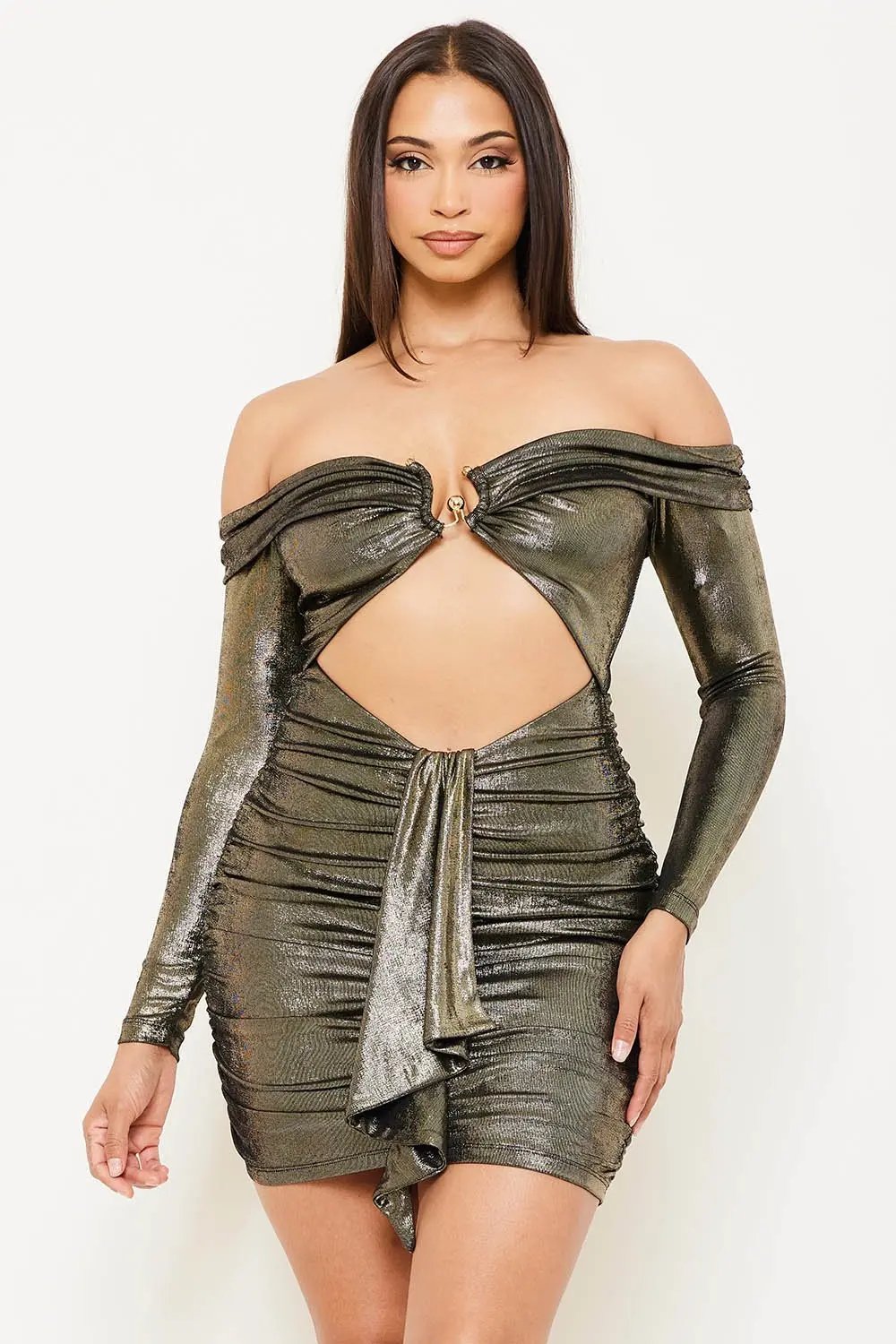 Pleated Mini Dress | Stretch Fabric Off Shoulder Ruffle BOUTINIE