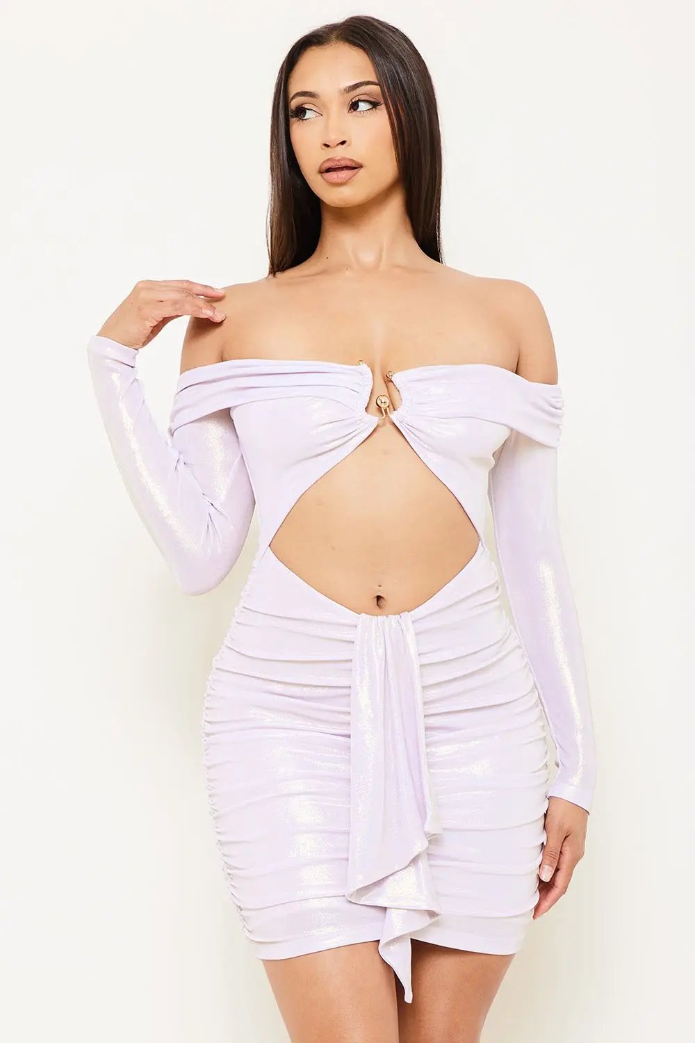 Pleated Mini Dress | Stretch Fabric Off Shoulder Ruffle BOUTINIE