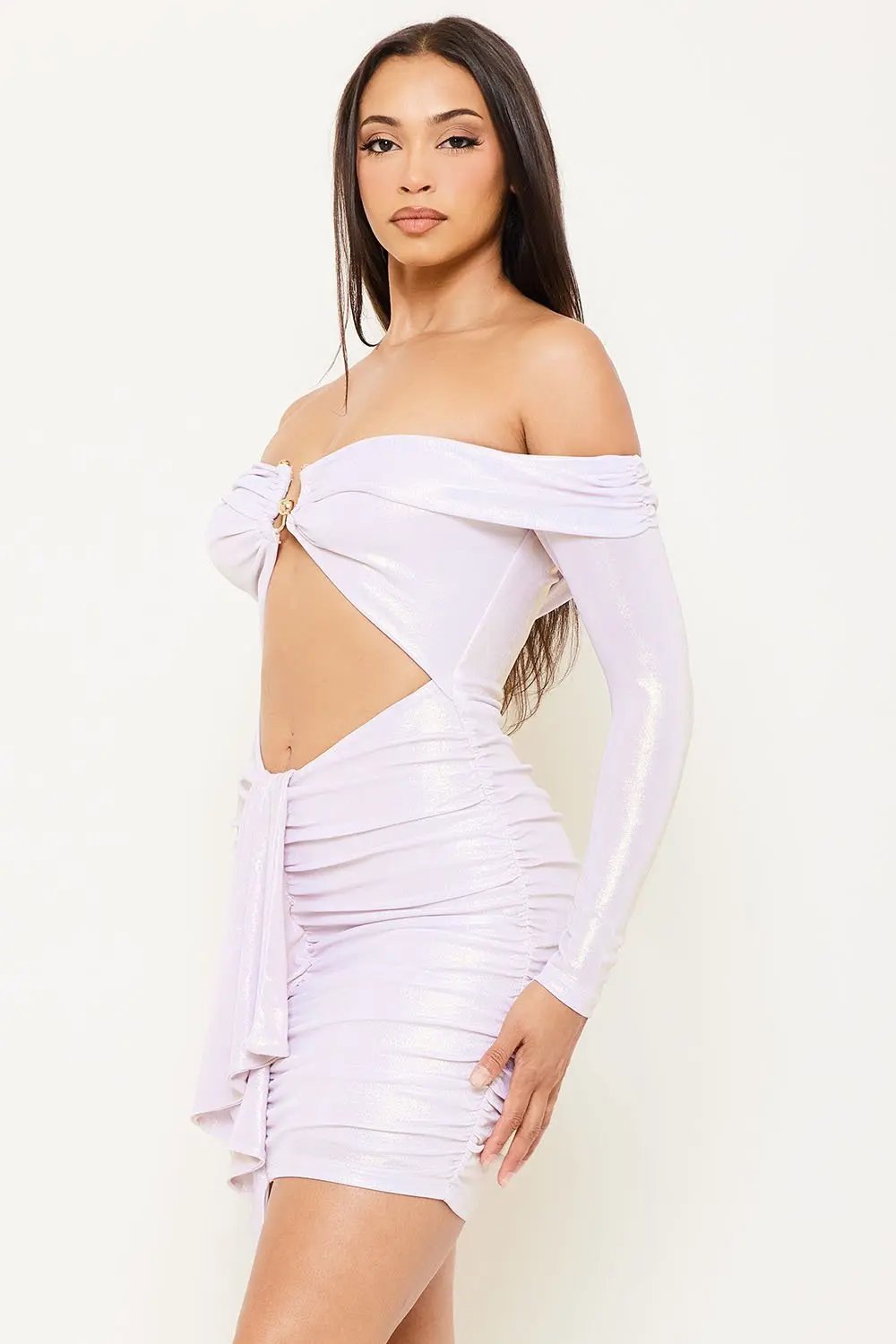 Pleated Mini Dress | Stretch Fabric Off Shoulder Ruffle BOUTINIE