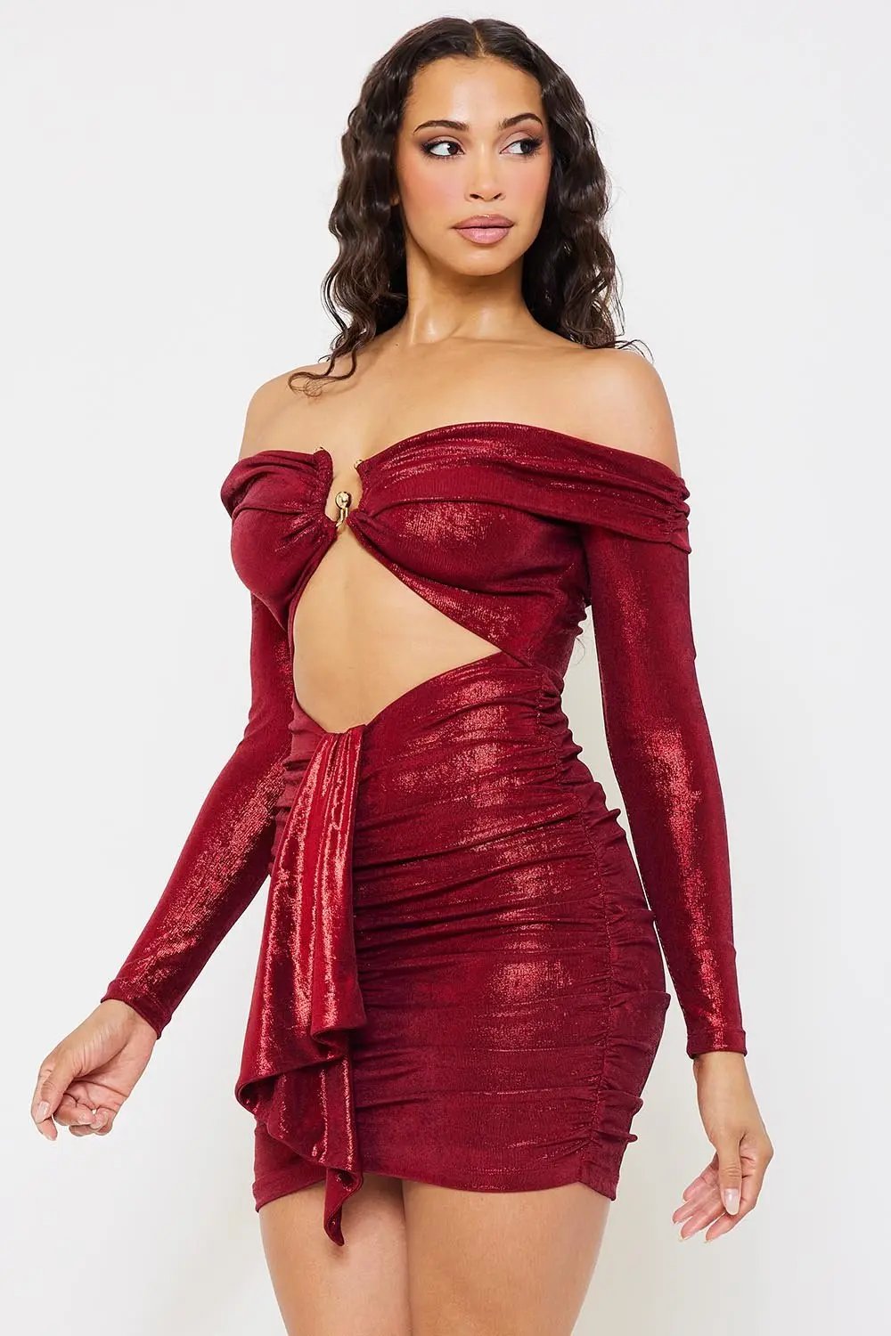 Pleated Mini Dress | Stretch Fabric Off Shoulder Ruffle BOUTINIE