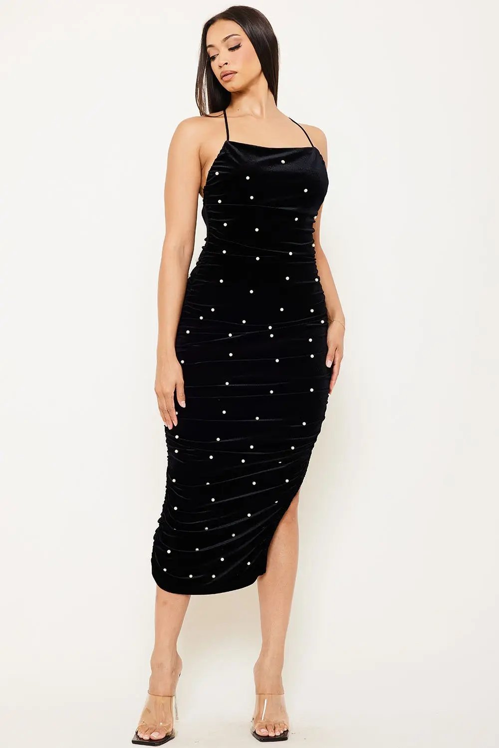 Velvet Midi Dress - Pearl Detail | Criss-Cross Back Strap BOUTINIE