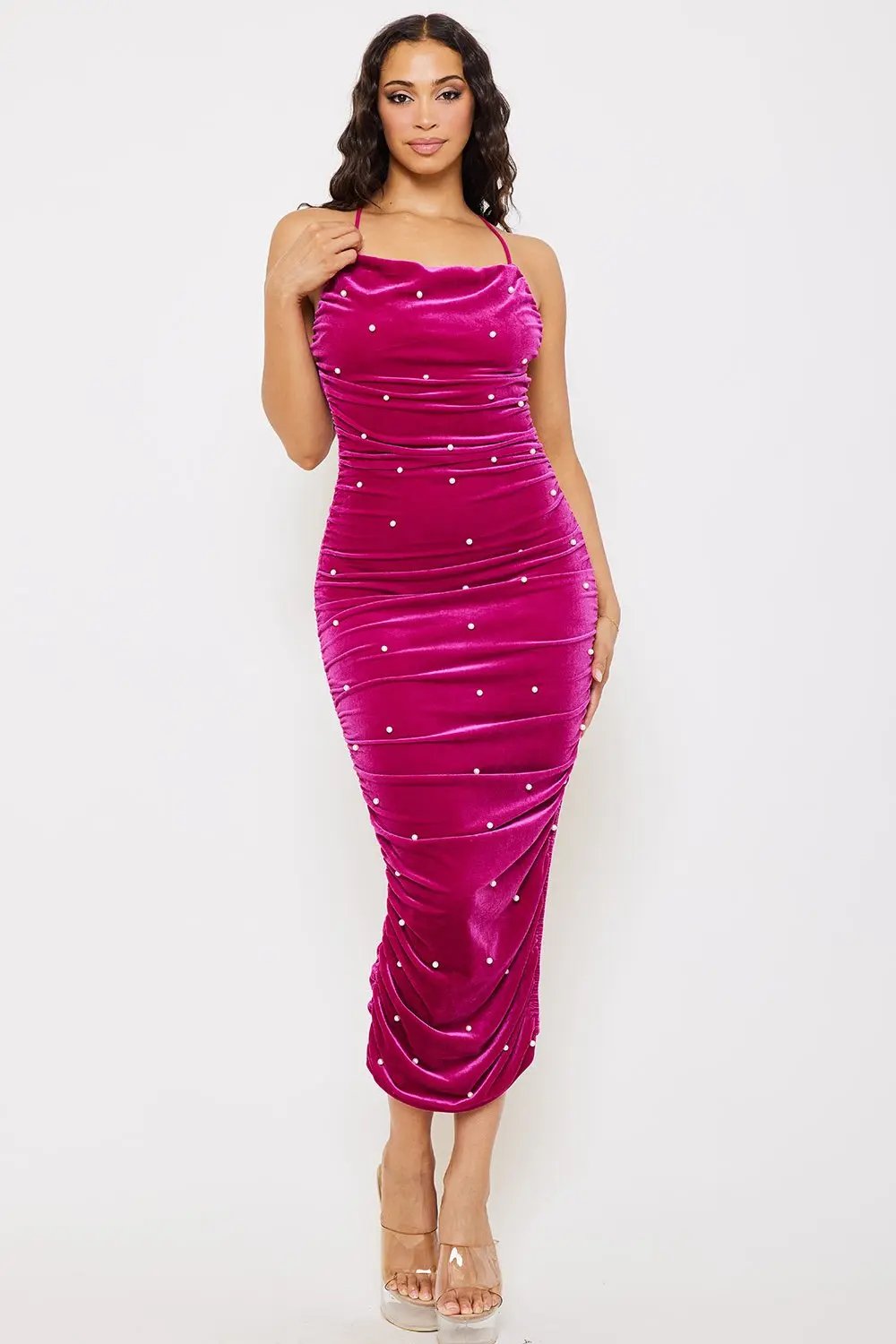 Velvet Midi Dress - Pearl Detail | Criss-Cross Back Strap BOUTINIE