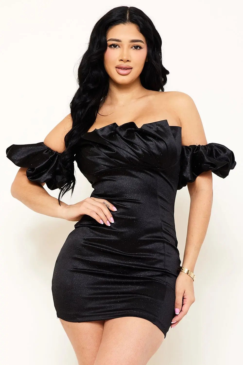 Glittered Satin Mini Dress - Pleated Off Shoulder Zipper Back BOUTINIE