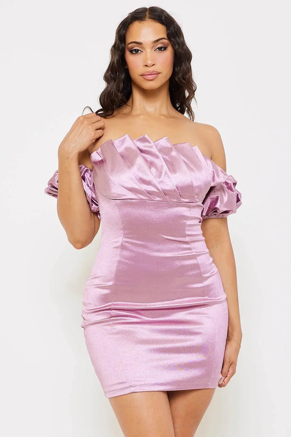 Glittered Satin Mini Dress - Pleated Off Shoulder Zipper Back BOUTINIE