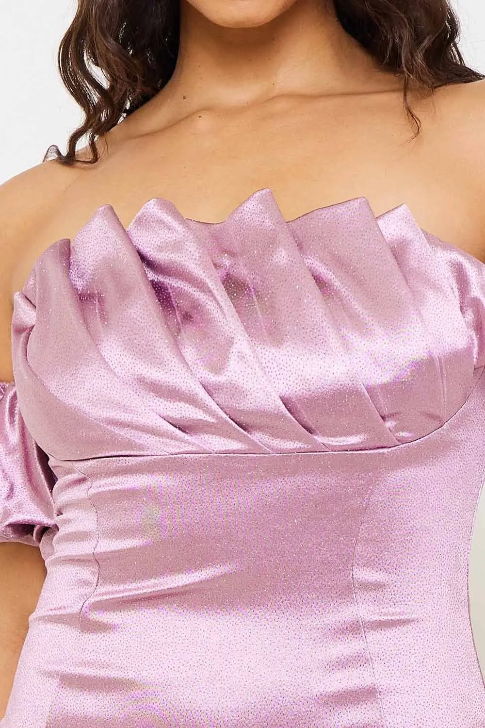 Glittered Satin Mini Dress - Pleated Off Shoulder Zipper Back BOUTINIE