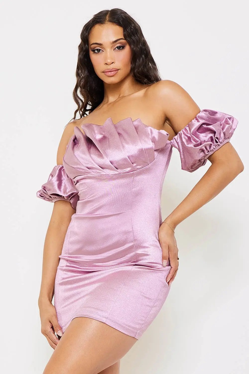 Glittered Satin Mini Dress - Pleated Off Shoulder Zipper Back BOUTINIE