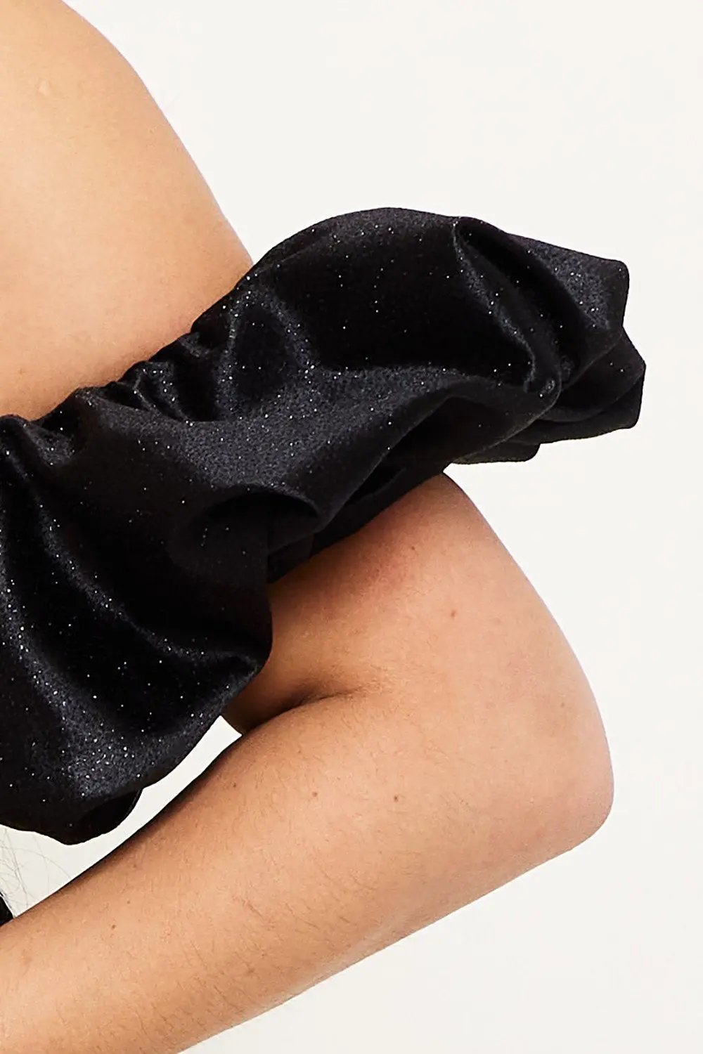 Glittered Satin Mini Dress - Pleated Off Shoulder Zipper Back BOUTINIE