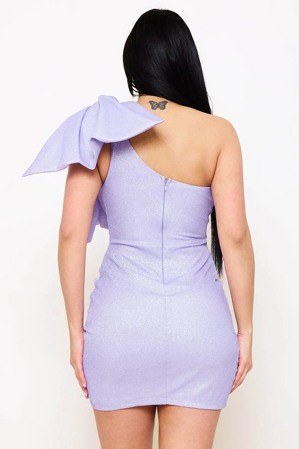 Glitter Bow Mini Dress – One Shoulder Wrap Hem Rhinestone Detail BOUTINIE