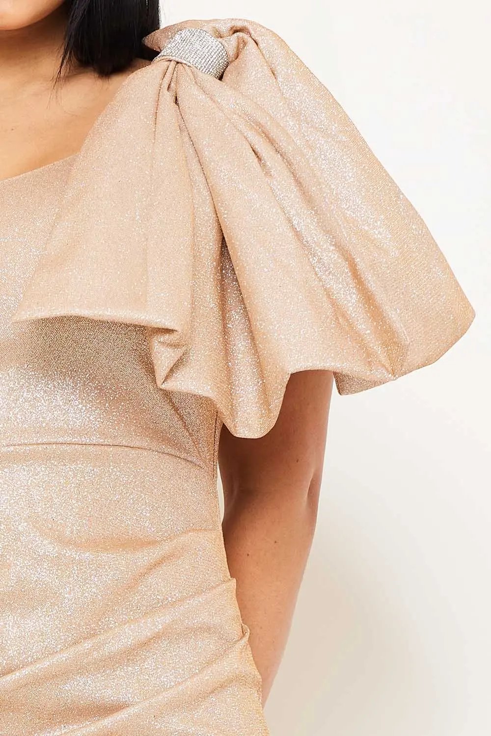 Glitter Bow Mini Dress – One Shoulder Wrap Hem Rhinestone Detail BOUTINIE