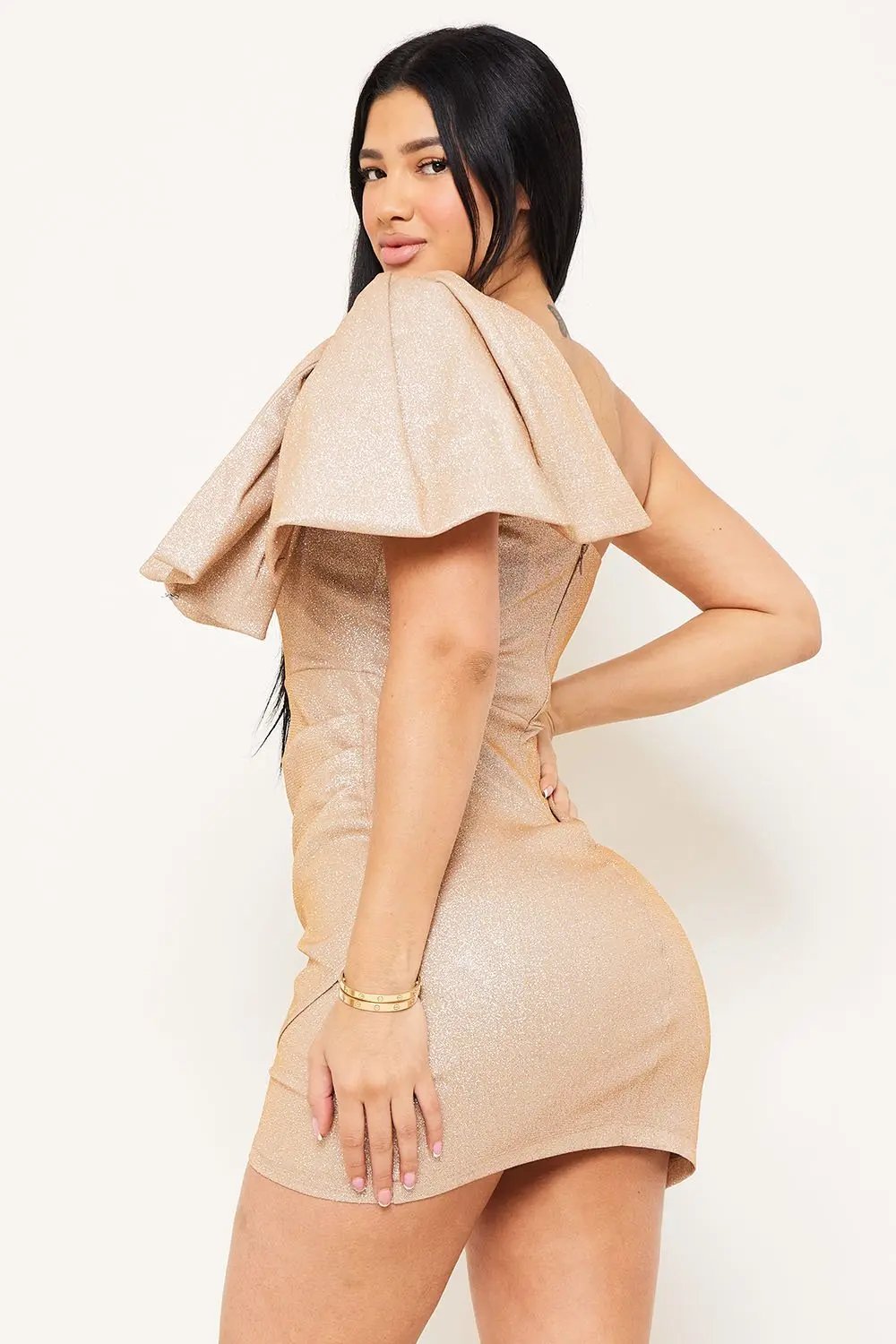 Glitter Bow Mini Dress – One Shoulder Wrap Hem Rhinestone Detail BOUTINIE