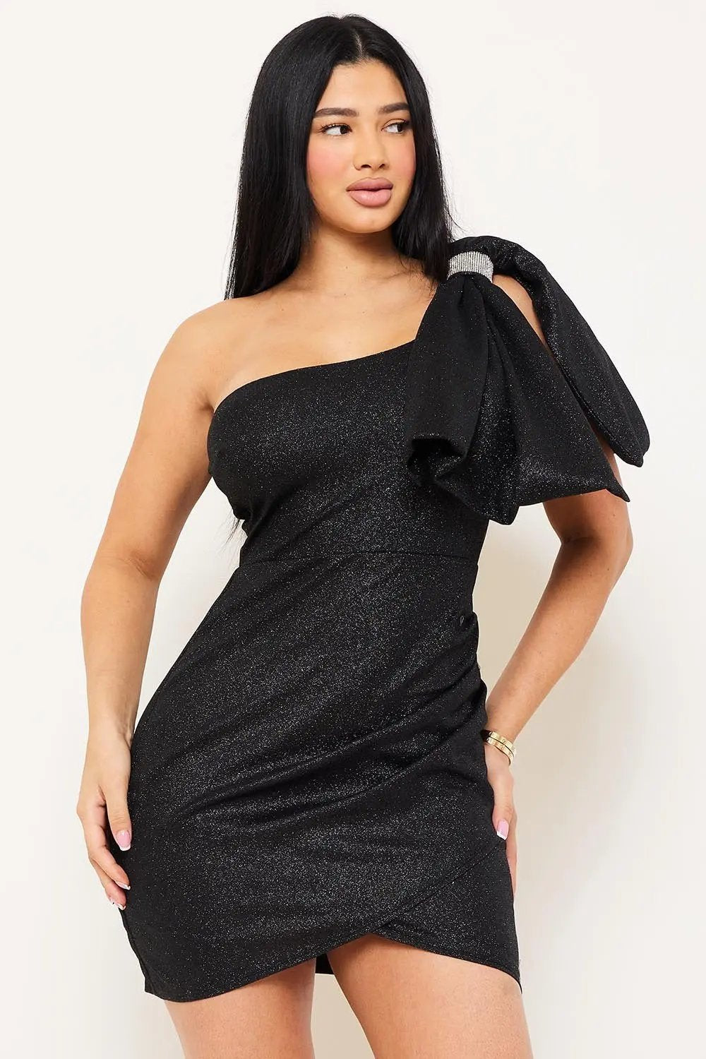 Glitter Bow Mini Dress – One Shoulder Wrap Hem Rhinestone Detail BOUTINIE