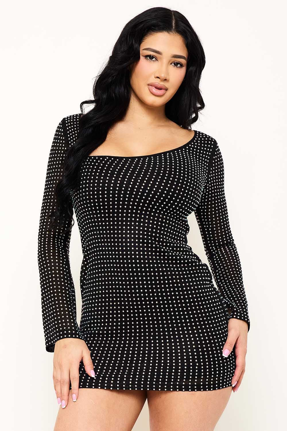 Metallic Knit Mini Dress With Rhinestone Detail - Asymmetric Neckline BOUTINIE