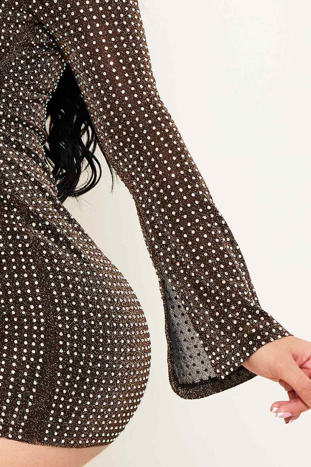 Metallic Knit Mini Dress With Rhinestone Detail - Asymmetric Neckline BOUTINIE