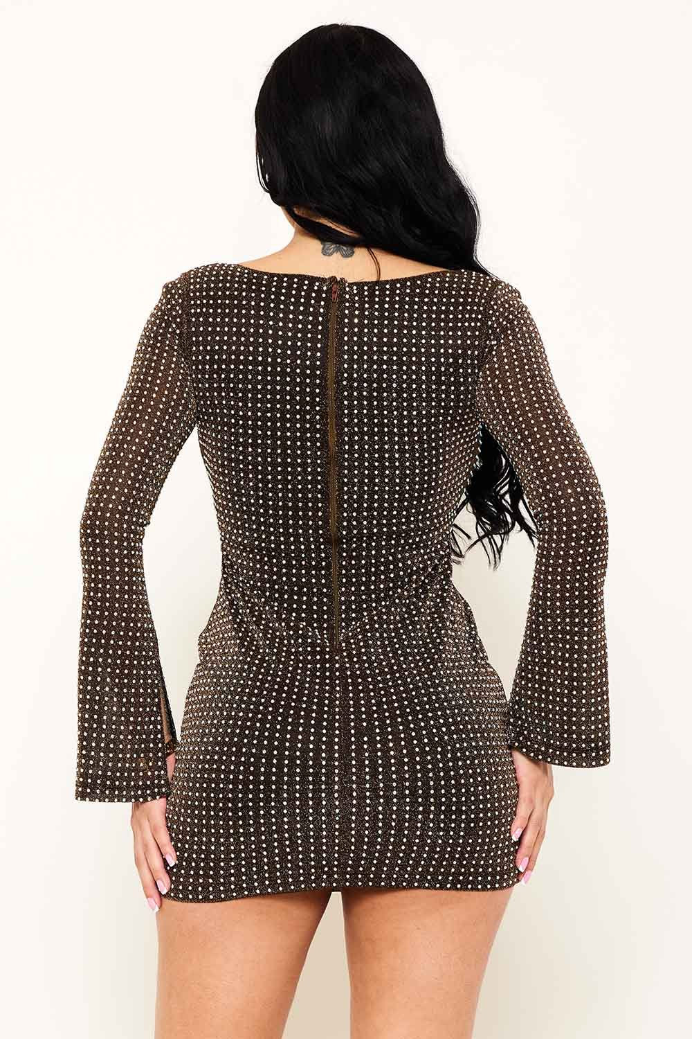 Metallic Knit Mini Dress With Rhinestone Detail - Asymmetric Neckline BOUTINIE