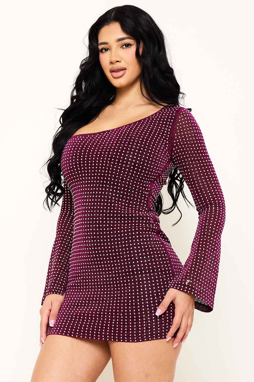 Metallic Knit Mini Dress With Rhinestone Detail - Asymmetric Neckline BOUTINIE