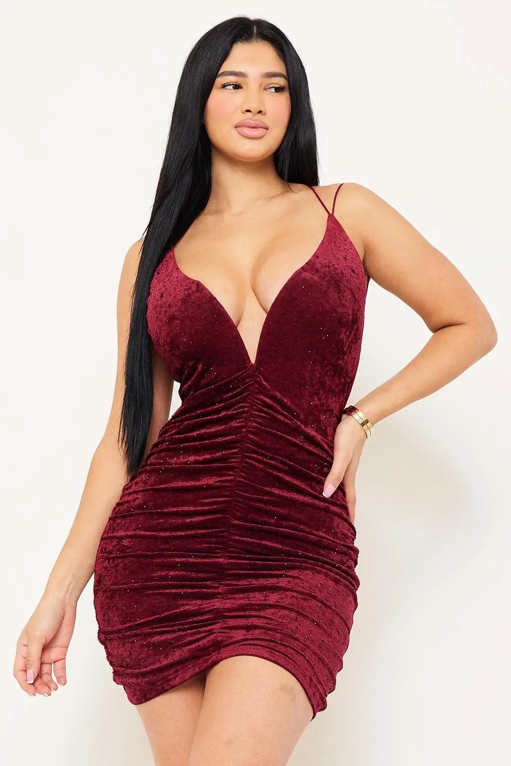 Velvet Pleated Mini Dress With Rhinestone Detail - Deep V-Neck & Criss-Cross Back BOUTINIE