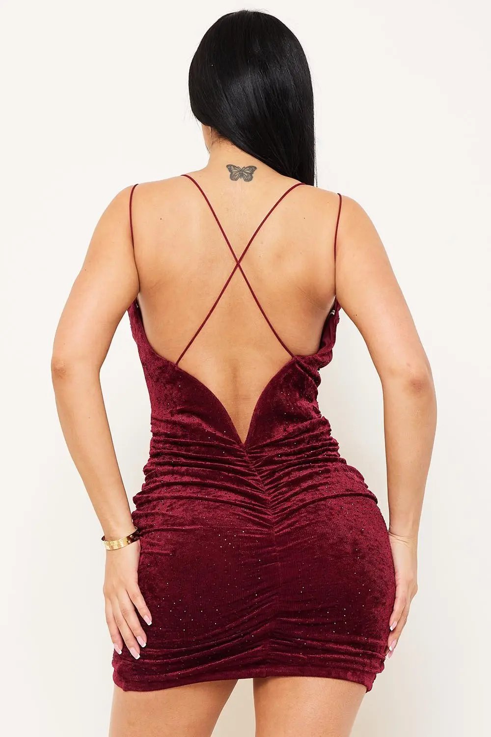 Velvet Pleated Mini Dress With Rhinestone Detail - Deep V-Neck & Criss-Cross Back BOUTINIE