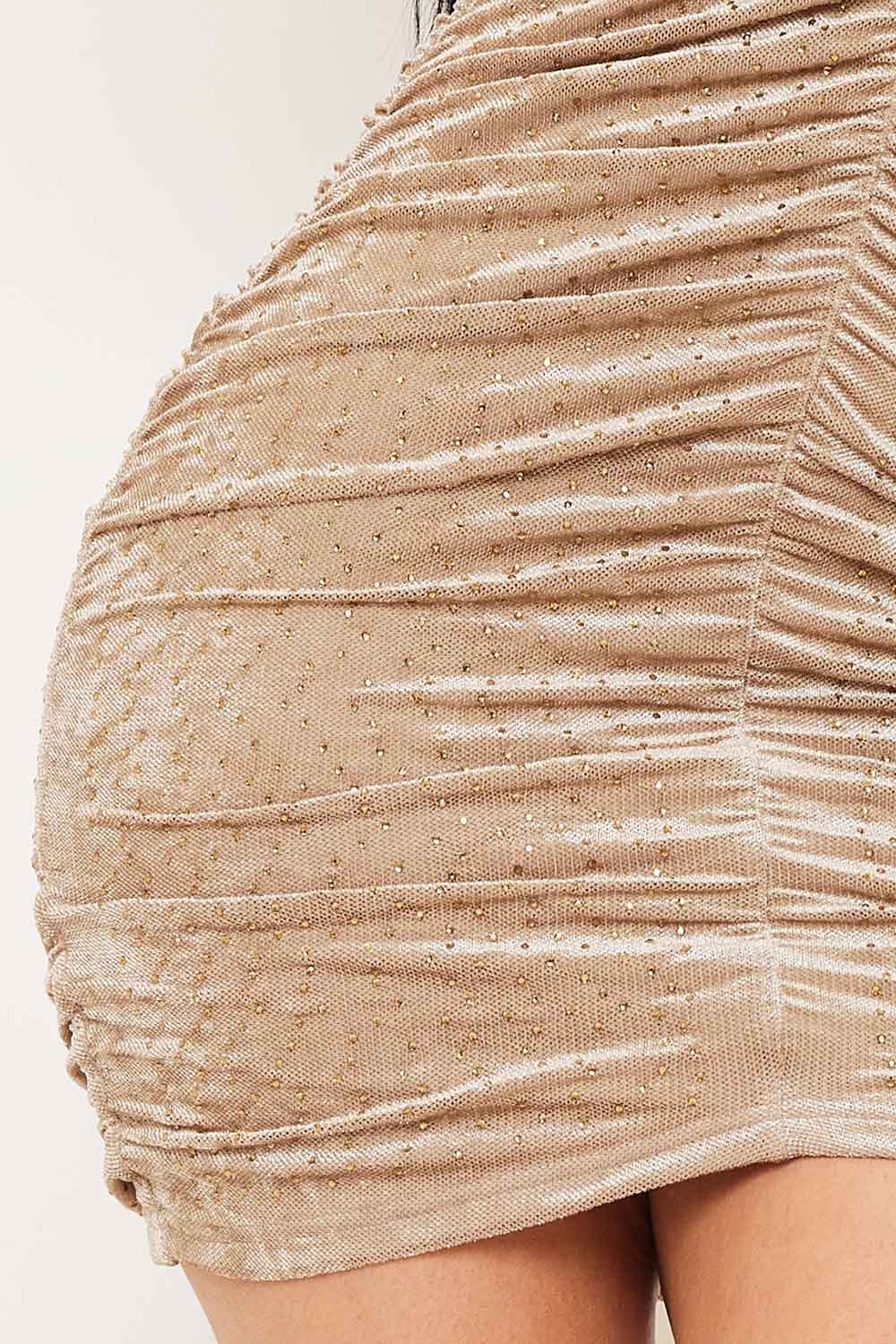 Velvet Pleated Mini Dress With Rhinestone Detail - Deep V-Neck & Criss-Cross Back BOUTINIE