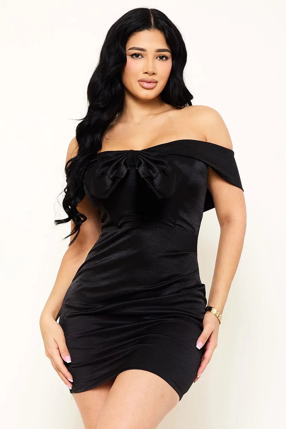 Metallic Mini Dress - Bow Front, Pleated Side & Zipper Back Design BOUTINIE