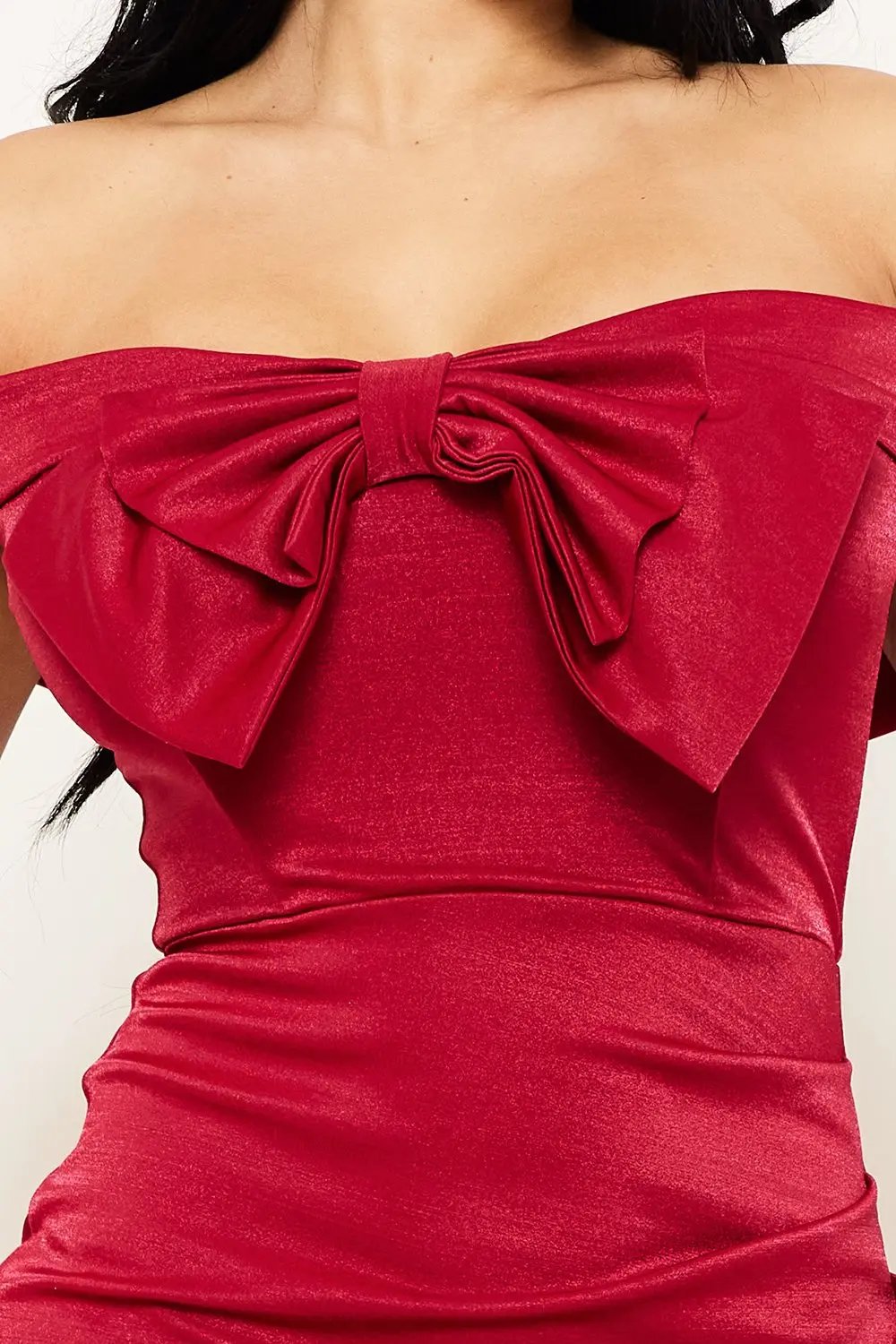 Metallic Mini Dress - Bow Front, Pleated Side & Zipper Back Design BOUTINIE