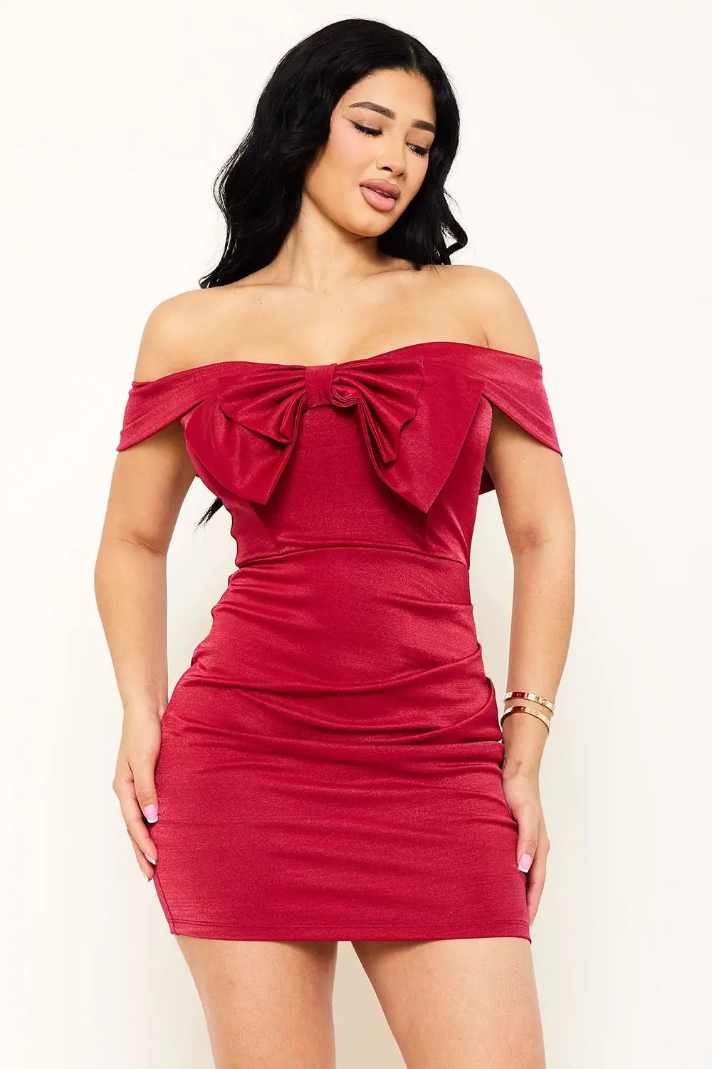 Metallic Mini Dress - Bow Front, Pleated Side & Zipper Back Design BOUTINIE