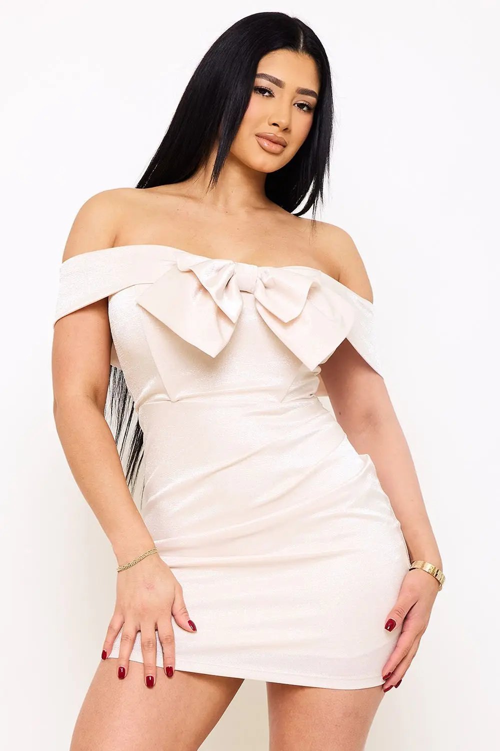 Metallic Mini Dress - Bow Front, Pleated Side & Zipper Back Design BOUTINIE