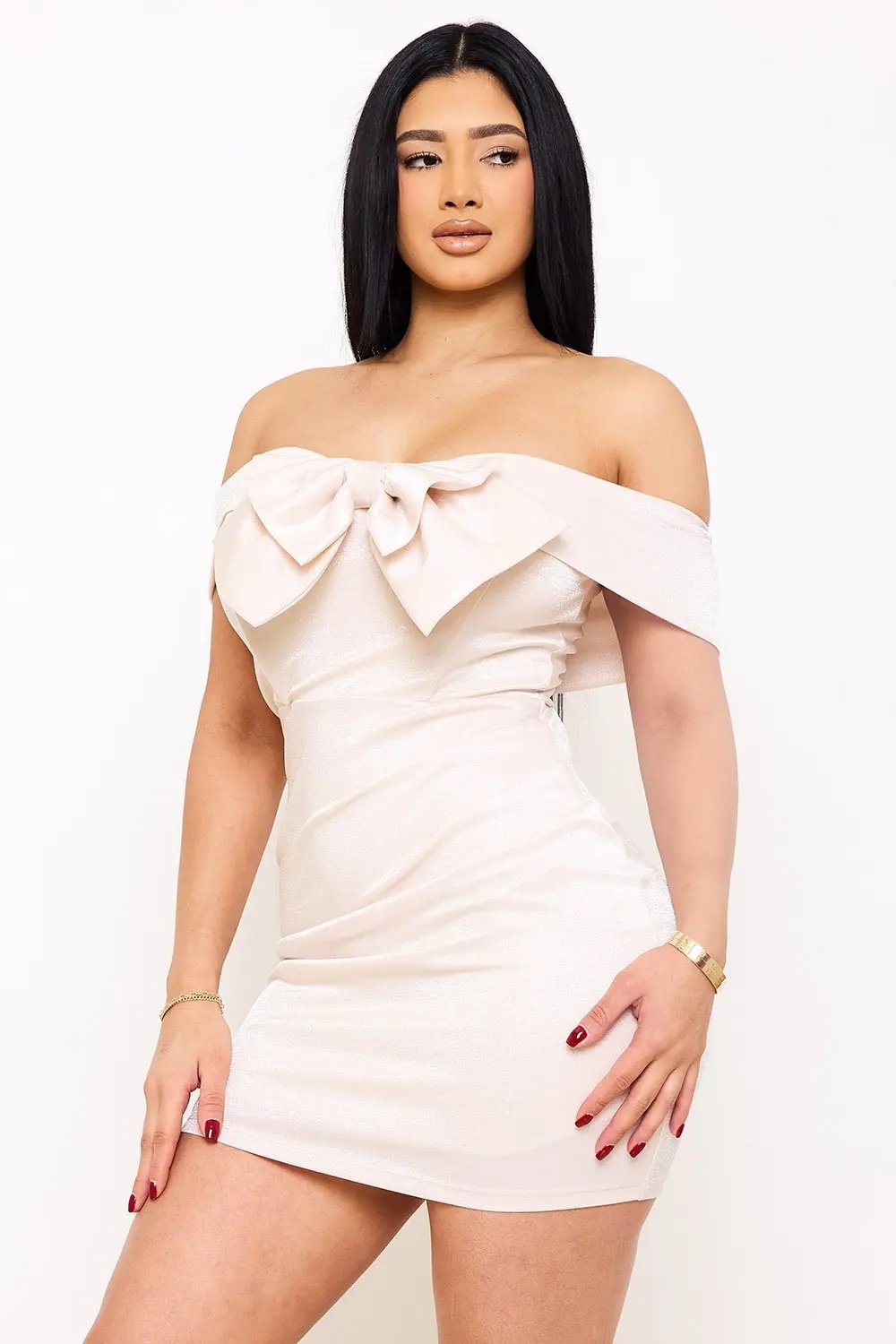 Metallic Mini Dress - Bow Front, Pleated Side & Zipper Back Design BOUTINIE