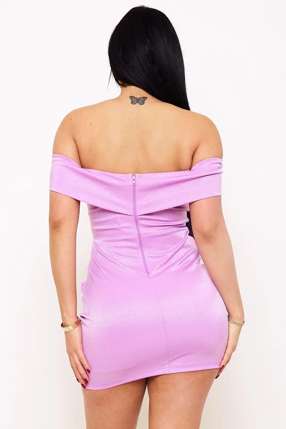 Metallic Mini Dress - Bow Front, Pleated Side & Zipper Back Design BOUTINIE