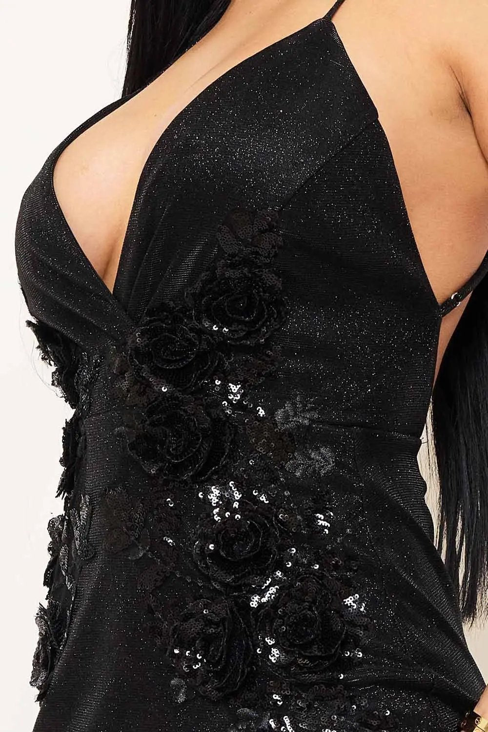 Flower Embellished Midi Dress - Shiny Knit Wrap Dress with Adjustable Straps BOUTINIE