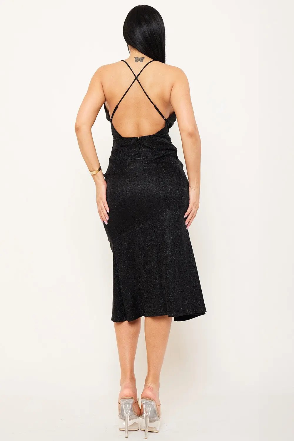 Flower Embellished Midi Dress - Shiny Knit Wrap Dress with Adjustable Straps BOUTINIE