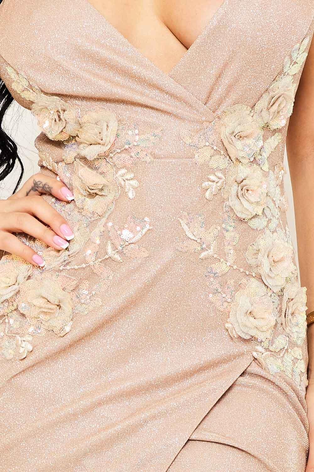Flower Embellished Midi Dress - Shiny Knit Wrap Dress with Adjustable Straps BOUTINIE