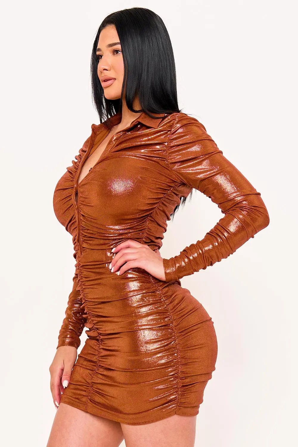 Slinky Foil Mini Dress – Pleated Deep V Neck, Long Sleeve BOUTINIE